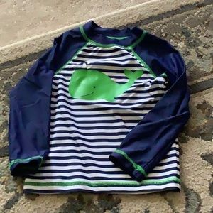 Swim top with whale Navy blue and white striped green whale 🐳 24 month.